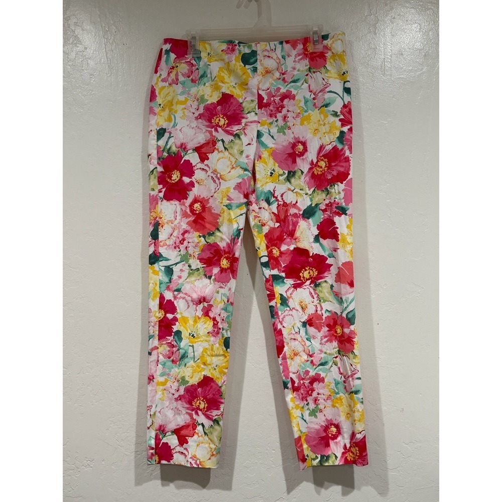 Polo Ralph Lauren Floral Ankle Pants Womens 10 Pink Yellow Slim Stretch Cotton - Picture 2 of 8